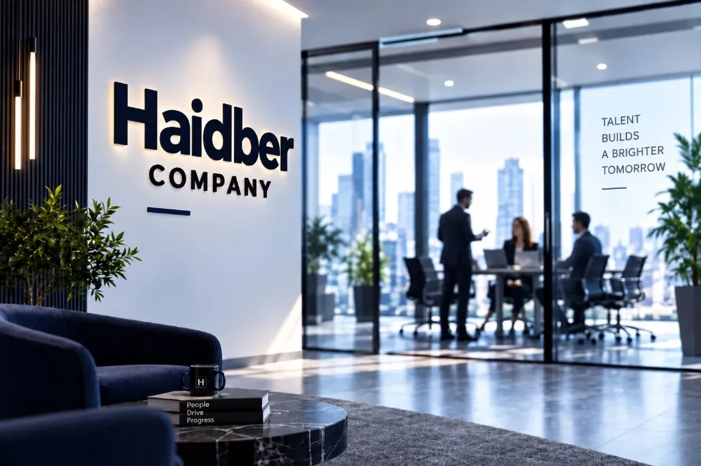 HAIDBER office lobby with the company name on the wall and a city-view meeting room